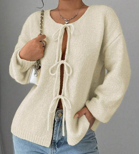 Damen Oversized Strickpullover mit dekorativem Schnürdetail EB
