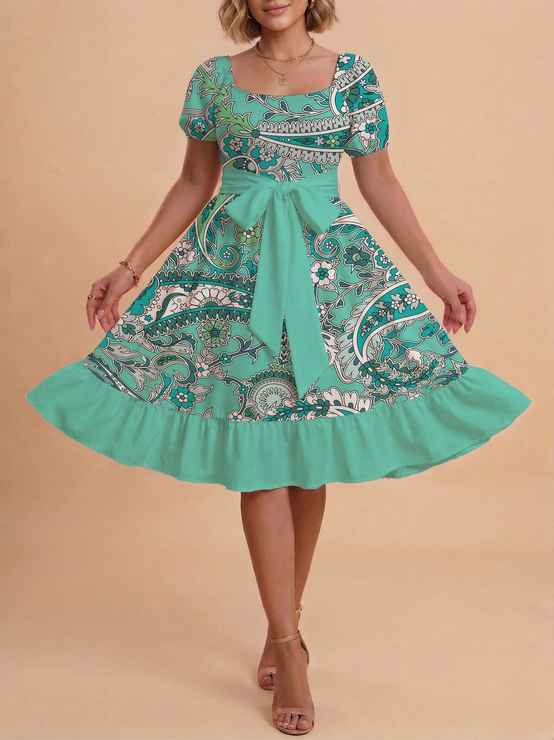 Damen A-Linien-Kleid mit floralen Motiven und taillierbarem Gürtel EB