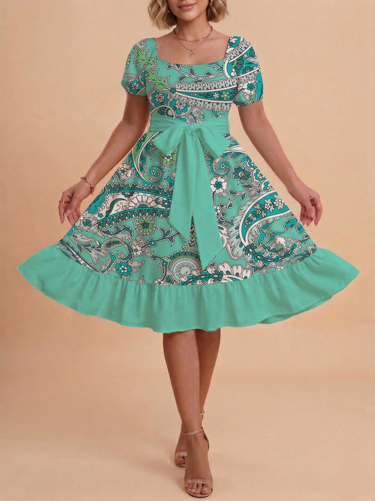 Damen A-Linien-Kleid mit floralen Motiven und taillierbarem Gürtel EB