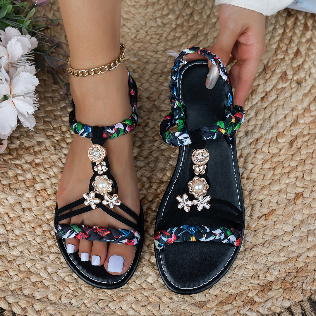 Damen dekorative Riemchensandalen mit floralem Design EB
