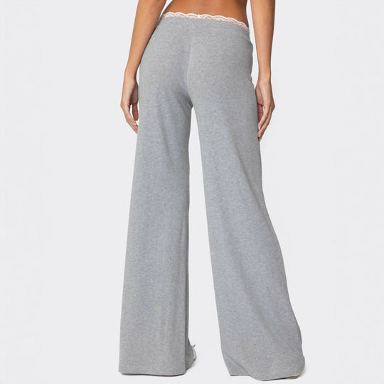 Damen Hellgraue Freizeithose mit elastischem Bund und dekorativem Spitzenabschluss EB