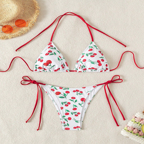Damen Triangel-Bikini mit Krawattenverschluss und verspieltem Kirschdesign EB