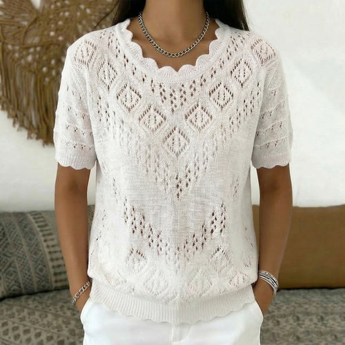 Damen nan kurzärmeliger Spitzenstrickpullover mit Ajourmuster und geschwungenem Ausschnitt EB