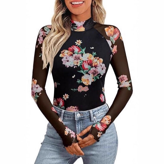 Damen Transparentes Mesh-Longsleeve mit Blumenprint und Stehkragen EB