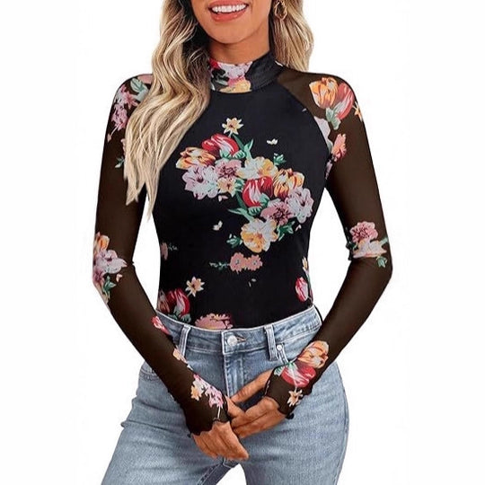 Damen Transparentes Mesh-Longsleeve mit Blumenprint und Stehkragen EB