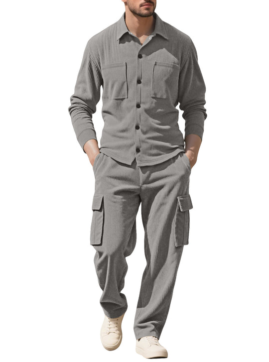 Herren nan geripptes Worker-Hemd mit Brusttaschen und entspannter Cargohose EB