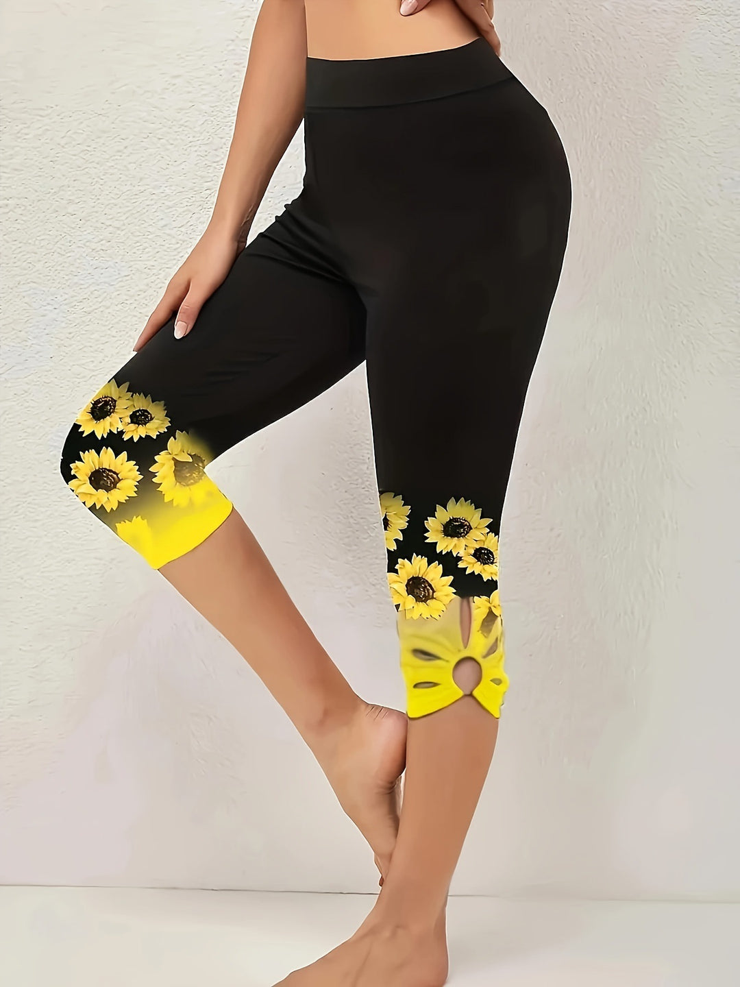 Damen Capri-Leggings mit einzigartigem Sonnenblumen-Design und hohem Bund EB