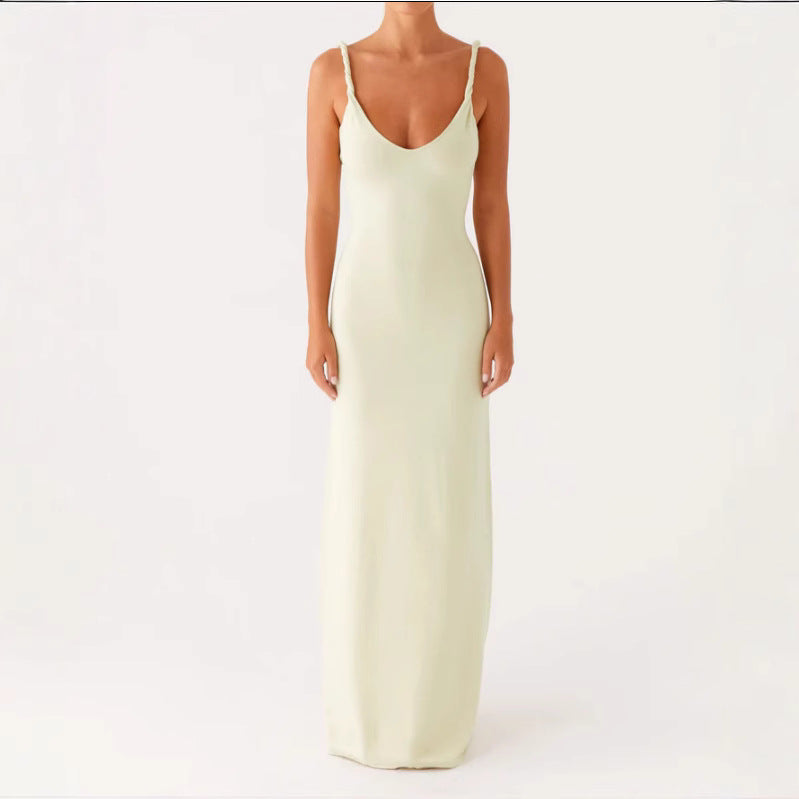Damen Langarm-Maxikleid aus hochwertigem, elastischem Material mit tiefem V-Ausschnitt und eleganten Spaghetti-Trägern EB