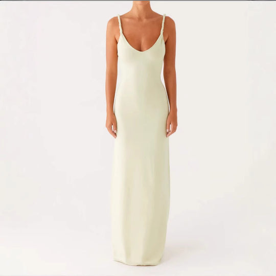 Damen Langarm-Maxikleid aus hochwertigem, elastischem Material mit tiefem V-Ausschnitt und eleganten Spaghetti-Trägern EB