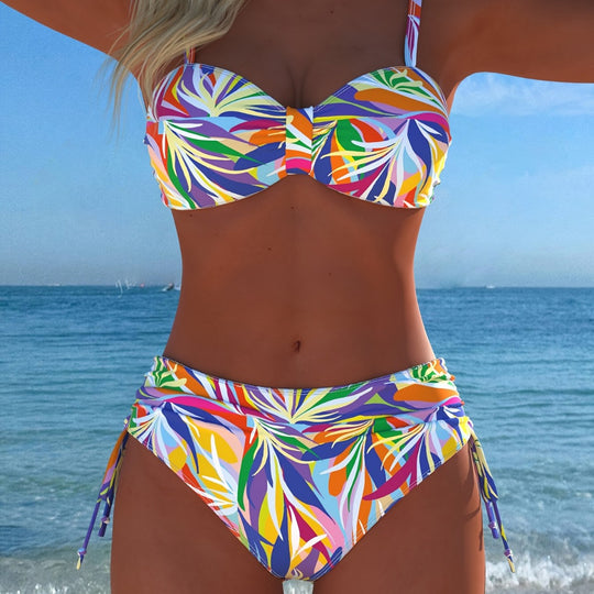 Damen Bandeau-Bikini mit einzigartigem Federmuster und hohem Taillenschnitt EB