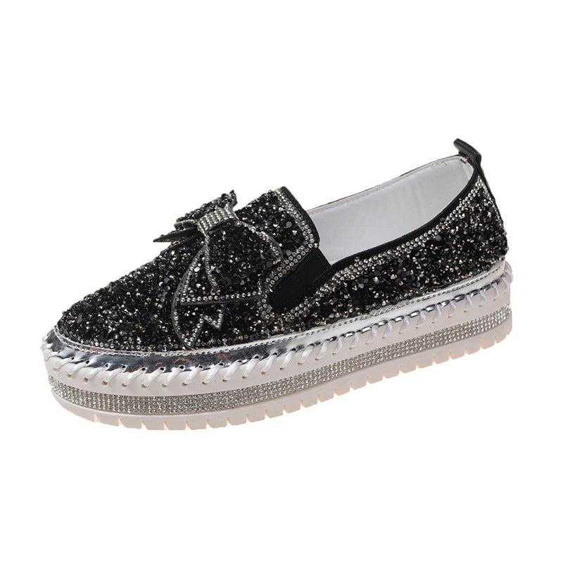 Damen Glitzernde Slip-On Sneakers mit dekorativem Schleifen- und Strass-Detail EB