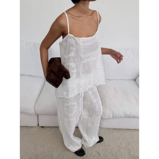 Damen luftiger Lounge-Set mit romantischen Stickereien EB