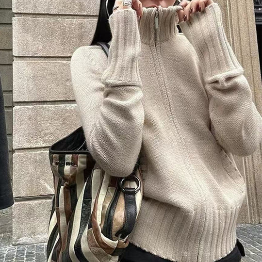 Damen Strickpullover mit hohem Stehkragen und Rippstruktur EB