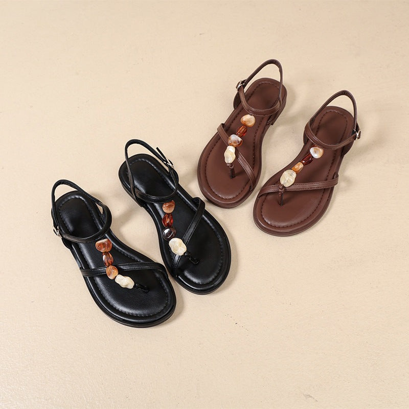 Damen Zehentrenner-Sandalen mit dekorativen Muschel- und Perlenakzenten EB