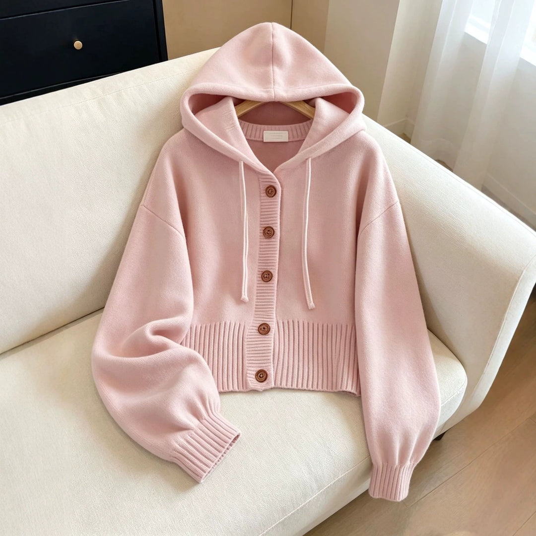 Damen Kapuzen-Strickcardigan mit Knopfleiste, geripptem Bund und Oversize-Ärmeln EB