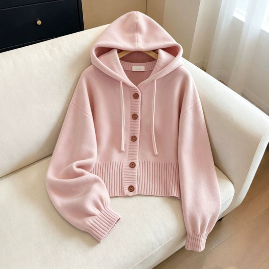 Damen Kapuzen-Strickcardigan mit Knopfleiste, geripptem Bund und Oversize-Ärmeln EB