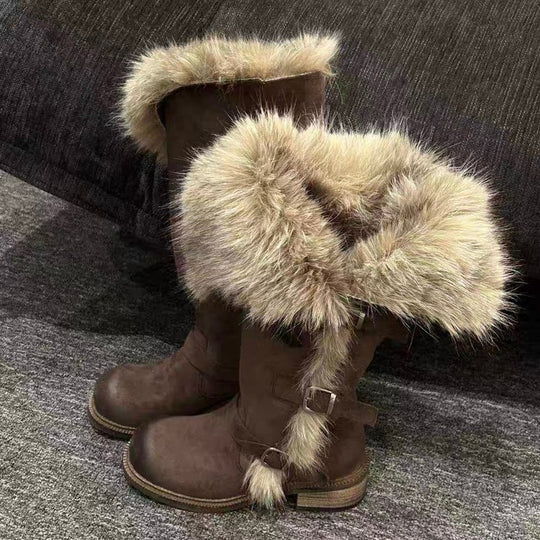 Damen Winterstiefel mit flauschigem Kunstfellkragen und modischen Schnallen EB