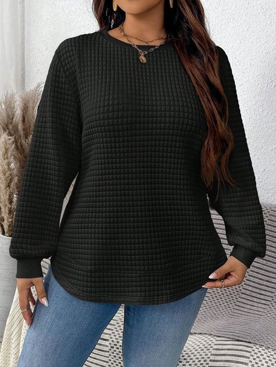 Damen nan Waffelstrick Longsleeve mit Rundhalsausschnitt, leicht A-Linien-Schnitt und gerippten Bündchen EB