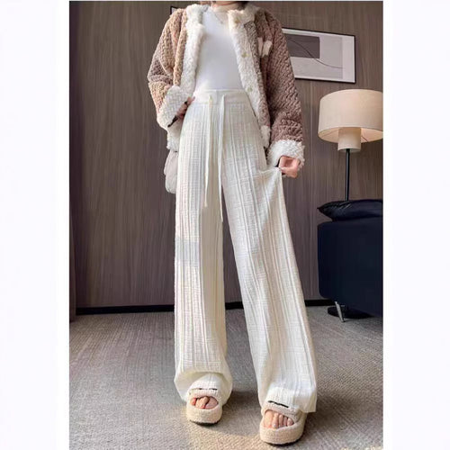 Damen Weit geschnittene Leinenhose mit elastischem Bund und gestreiftem Design EB
