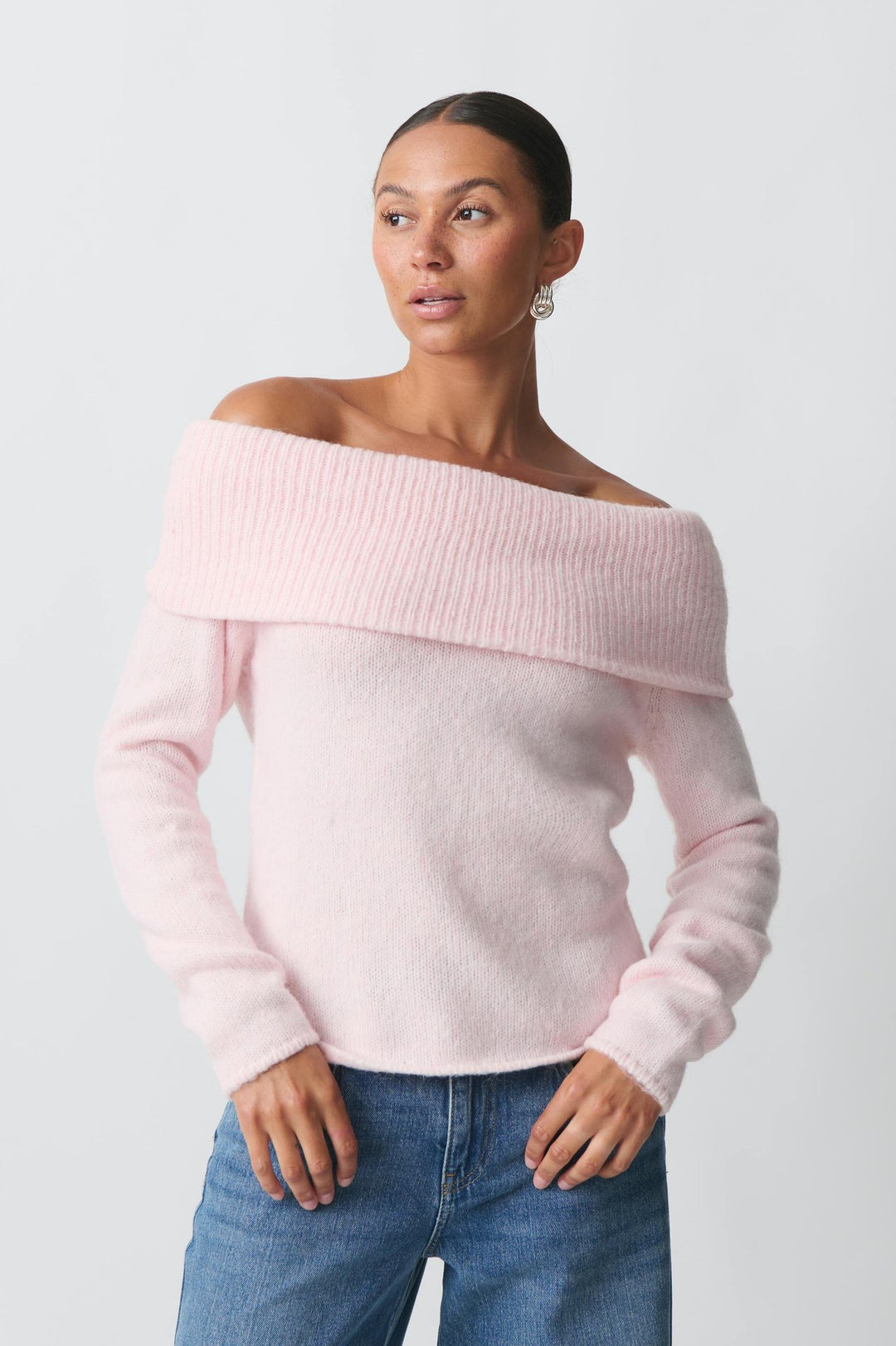 Damen nan Off-Shoulder Grobstrickpullover mit breitem Umschlagkragen und lässiger Oversize-Passform EB