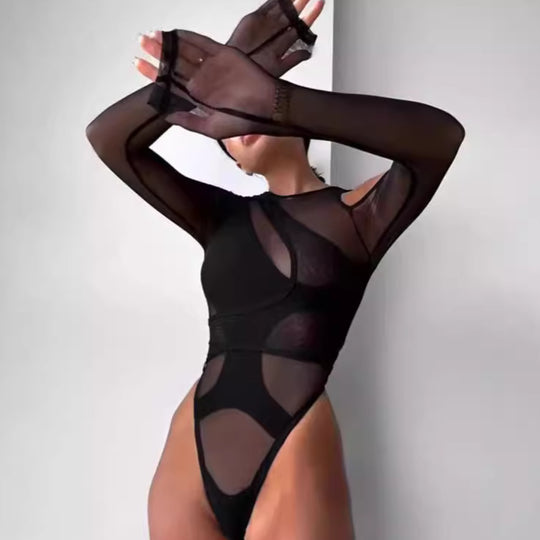 Damen Trendy Bodysuit mit asymmetrischem Design und transparenten Einsätzen EB