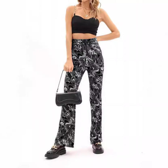 Damen weite Palazzo-Hose mit modischem Wellenmuster und elastischem Bund EB