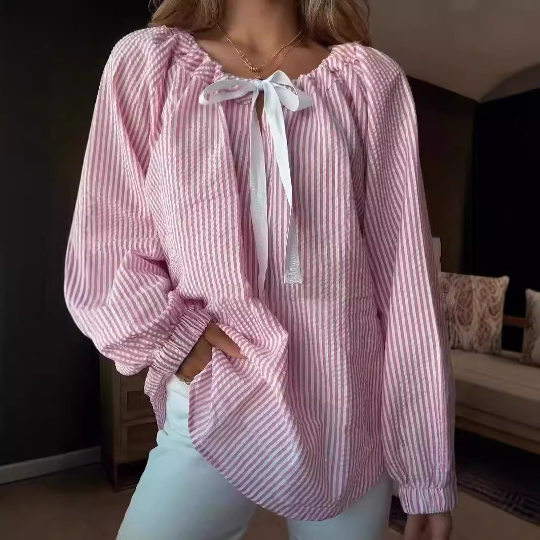 Damen Blusenshirt mit elastischem Puffärmel und dekorativem Bindeband EB