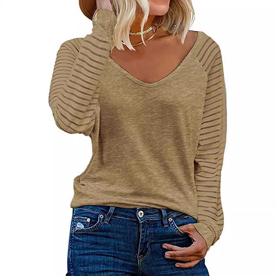 Damen Langärmliges V-Ausschnitt Shirt mit gestreiften Ärmeln EB