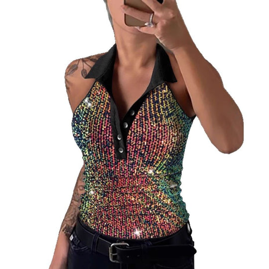 Damen Poloshirt mit glänzenden Pailletten und modischem Leoprint EB
