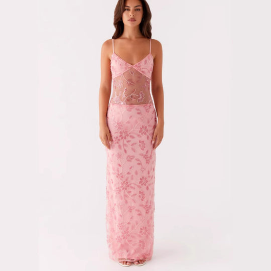 Damen Elegantes Maxikleid mit transparenten Spitzenakzenten und floralen Verzierungen EB