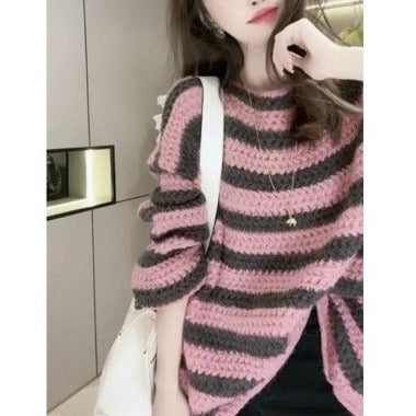 Damen Grobstrickpullover mit lässigem Streifenmuster und voluminösen Ärmeln EB