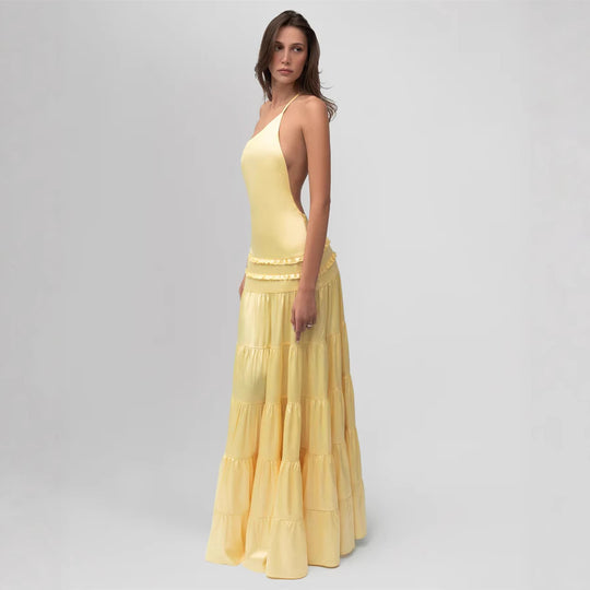 Damen elegantes asymmetrisches Maxikleid mit Rüschendetails EB