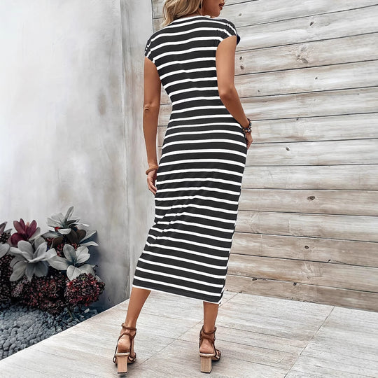 Damen Wickelkleid mit asymmetrischem Streifenmuster und tailliertem Schnitt EB