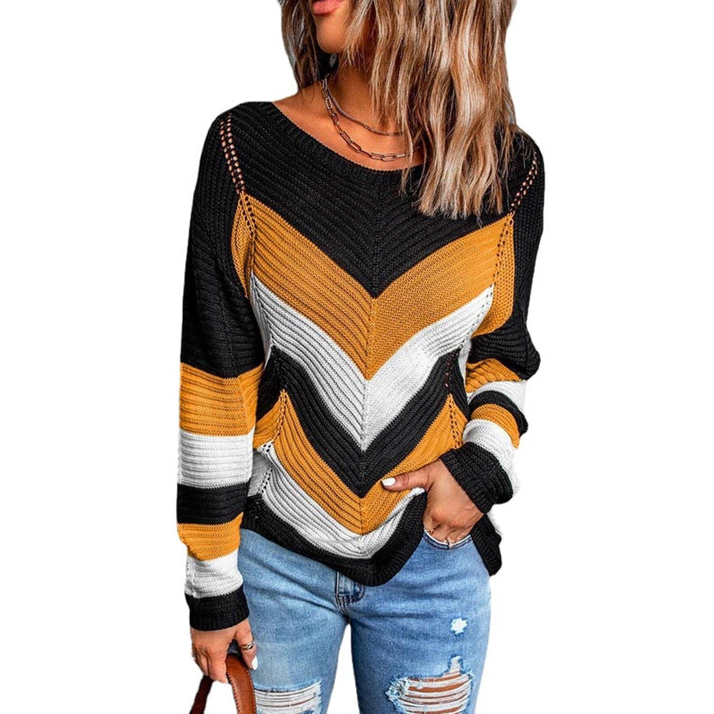 Damen Modischer Strickpullover mit Chevron-Muster und lockerer Passform EB