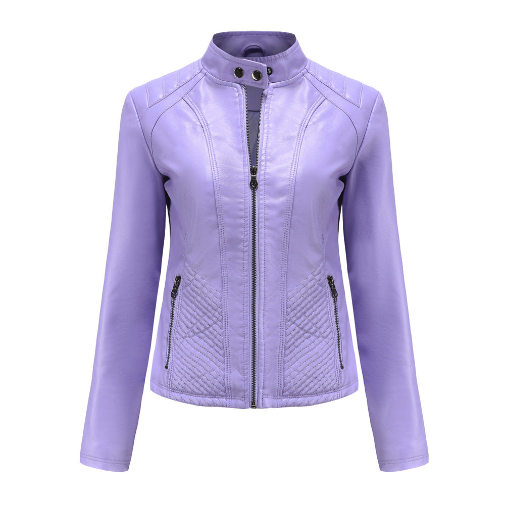 Damen nan taillierte Biker-Kunstlederjacke mit Stehkragen und gesteppter Seitenpartie EB
