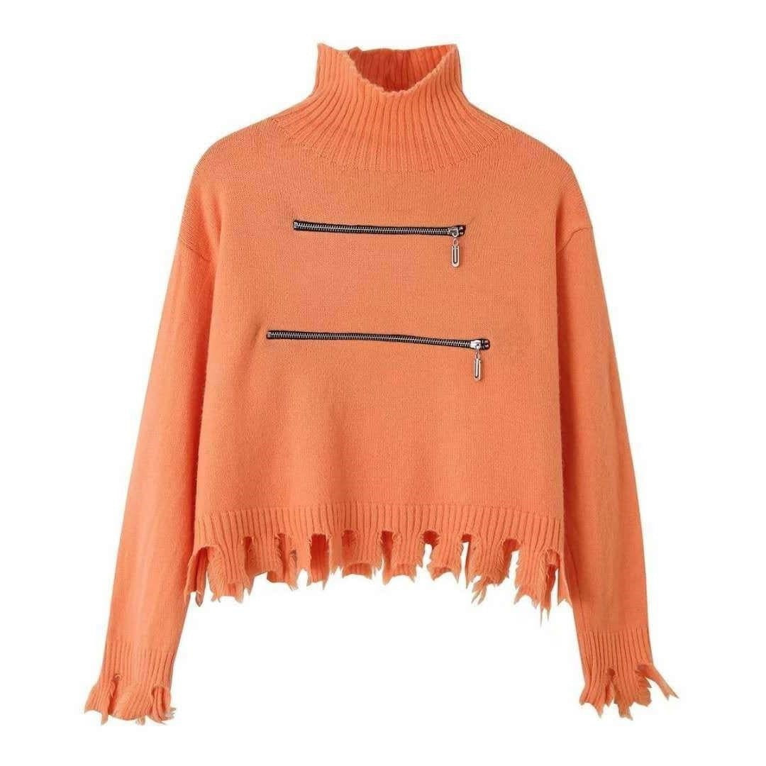 Damen stylischer Stehkragenpullover mit zwei asymmetrischen Reißverschlusstaschen und fransigem Saum EB