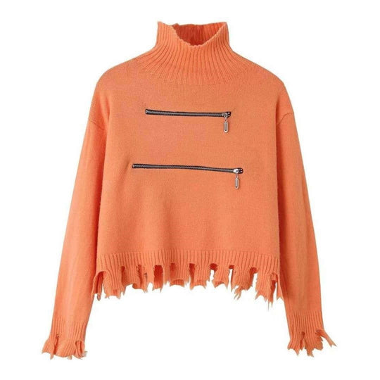 Damen stylischer Stehkragenpullover mit zwei asymmetrischen Reißverschlusstaschen und fransigem Saum EB