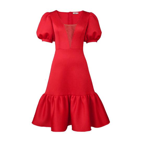 Damen elegantes Wickelkleid mit voluminösen Puffärmeln und Rüschensaum EB