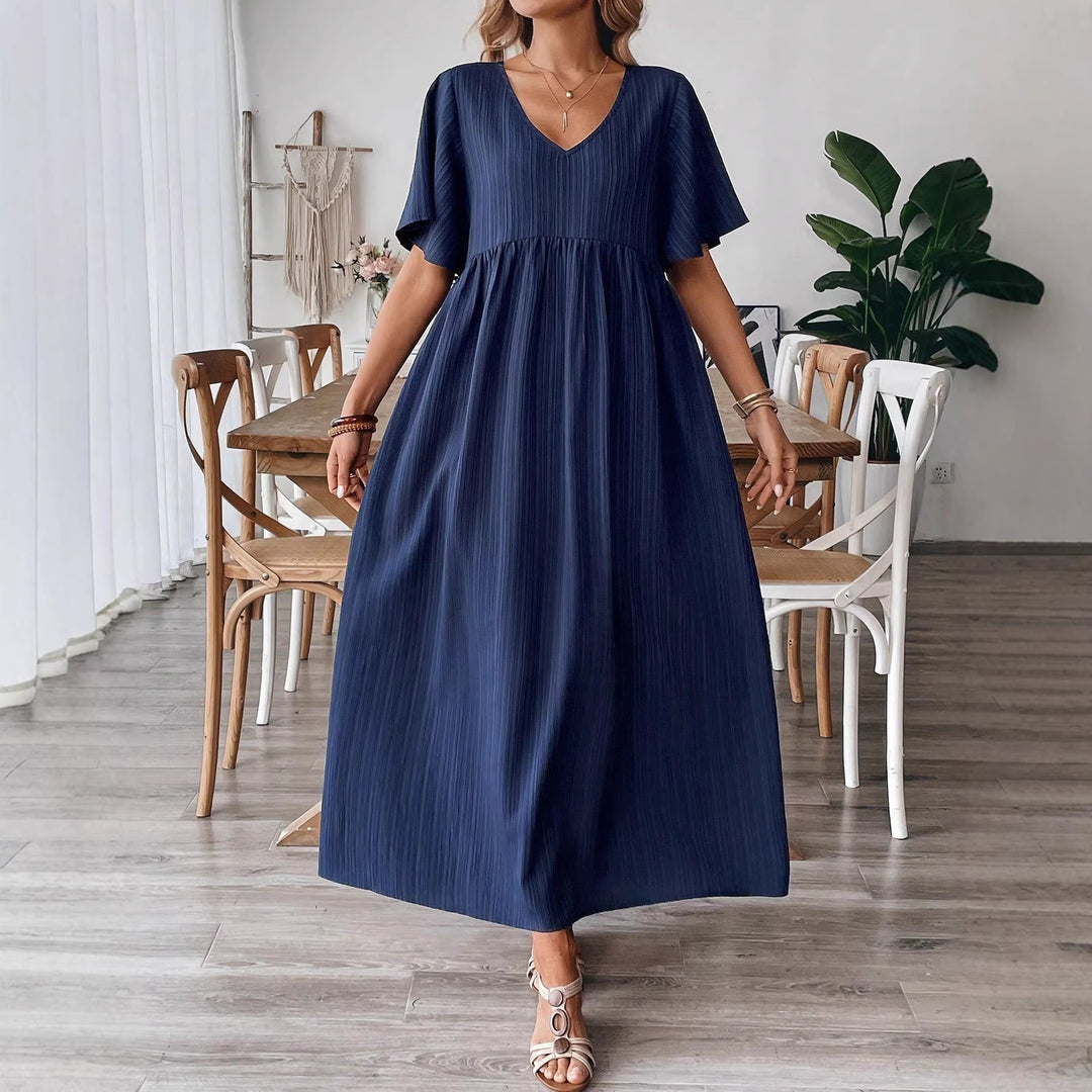 Damen Maxikleid mit feinen Falten und V-Ausschnitt EB
