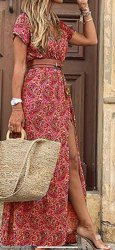 Damen Maxikleid mit floralem Paisleymuster und seitlichem Schlitz EB