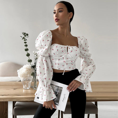 Damen Bluse mit Puffärmeln und Blumendruck EB