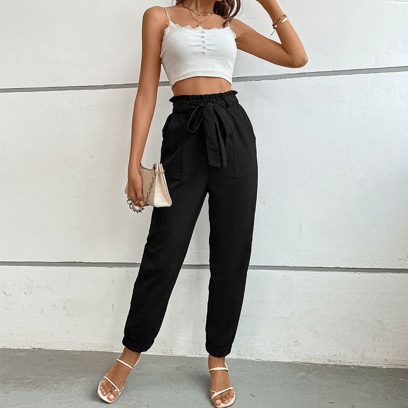 Damen lässige Stoffhose mit elastischem Bund und Bindegürtel EB