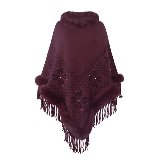 Damen eleganter Poncho mit dekorativem Fransen-Design und Kunstfellbesatz EB