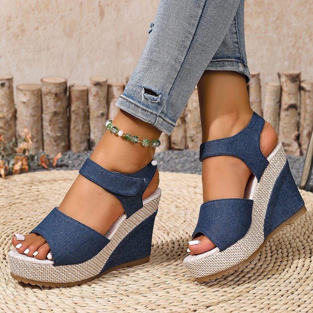 Damen Wedge-Sandalen mit elastischem Riemen und dekorativer Bast-Optik EB