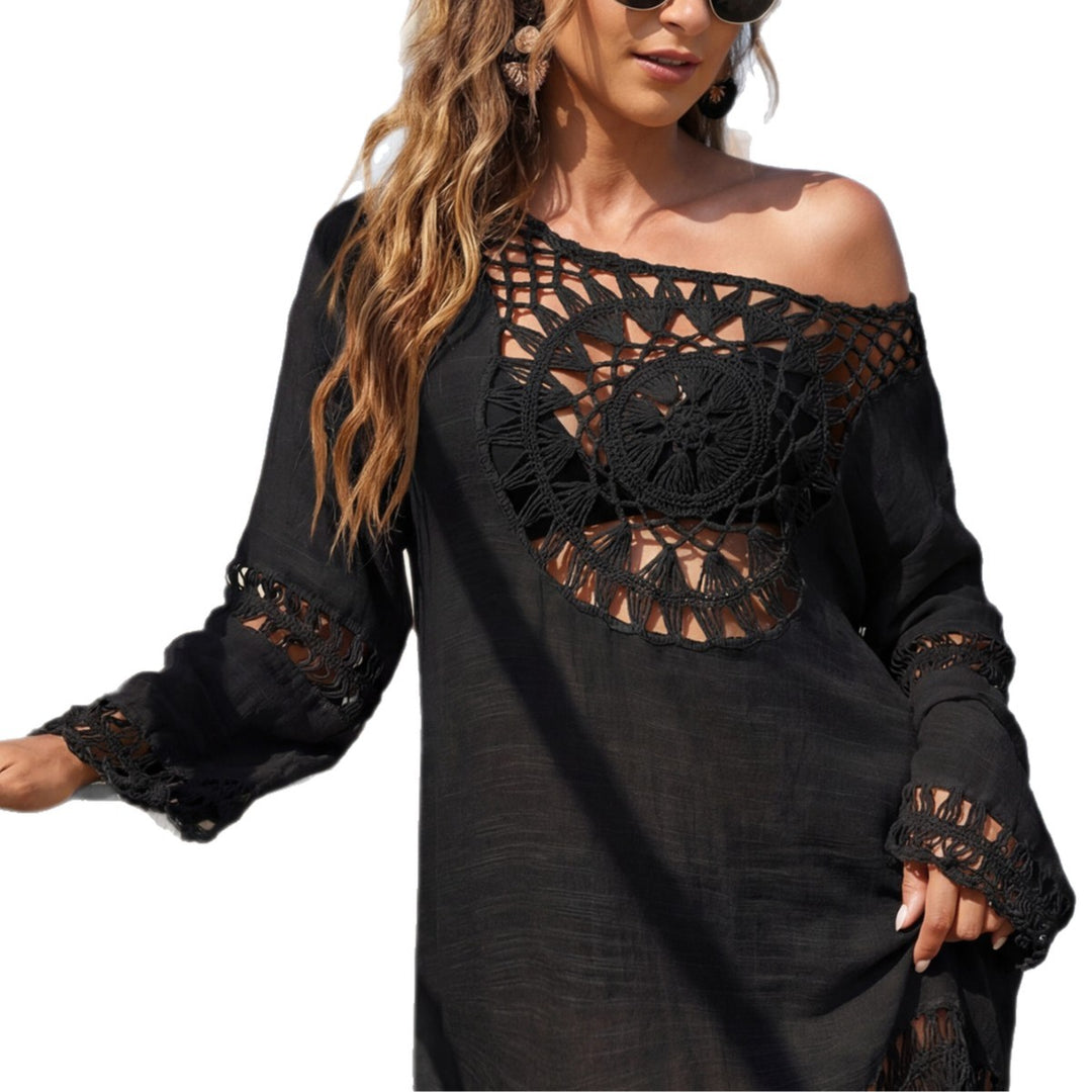 Damen, eleganter Strandüberwurf mit gehäkeltem Muster und Quasten EB