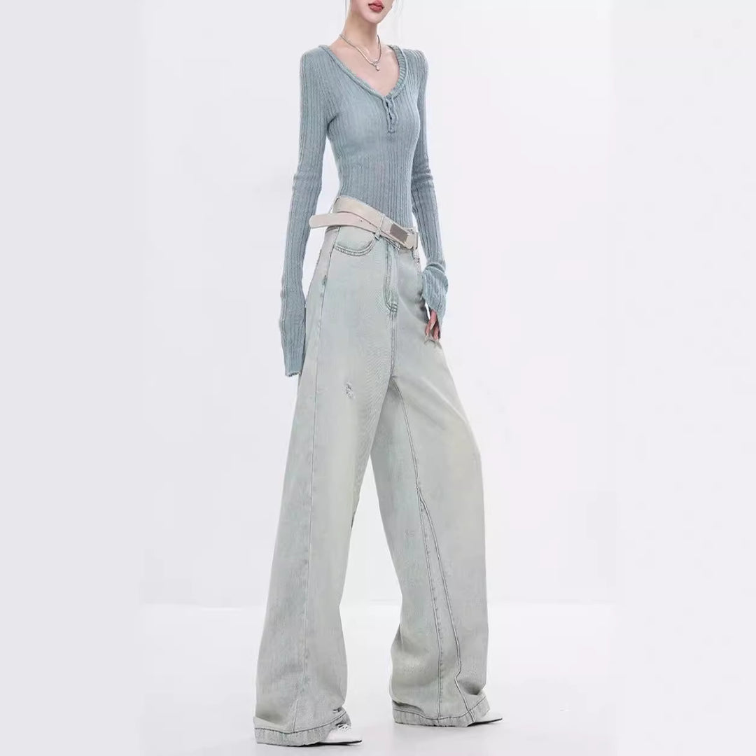 Damen Elegante Weitbein-Jeans mit modischen Akzentuierungen und hohem Bund EB