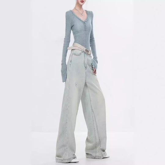Damen Elegante Weitbein-Jeans mit modischen Akzentuierungen und hohem Bund EB