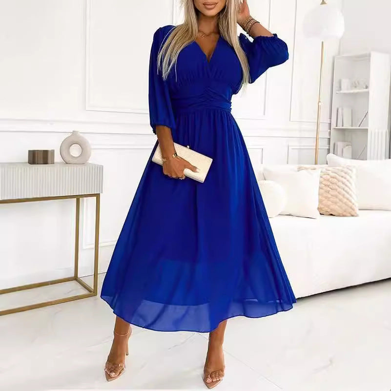 Damen Maxikleid mit elegantem V-Ausschnitt und raffiniertem Faltenwurf EB