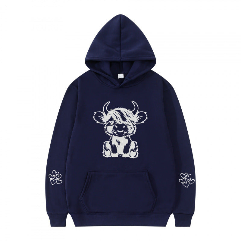 Damen Kapuzensweater mit entzückendem Kuhmotiv und praktischen Kängurutaschen EB