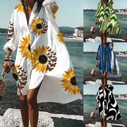 Damen nan luftiges Strandkleid Kaftan mit tropischem Blattprint und weitem Schnitt EB